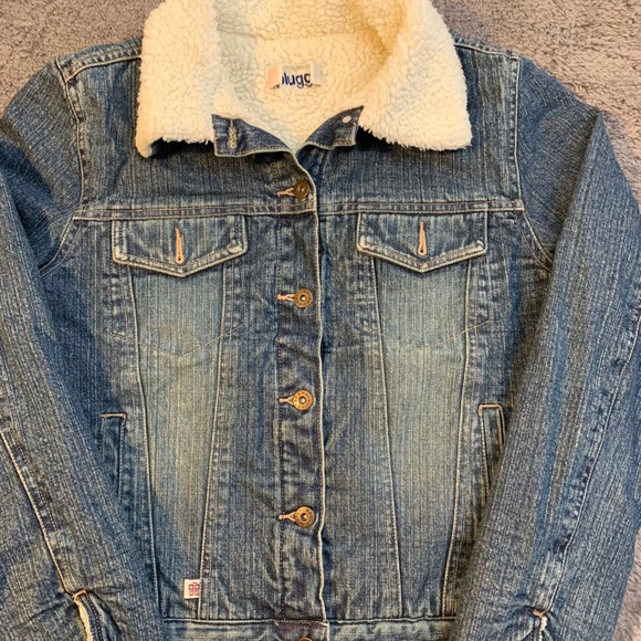 Plugg Womens Denim Sherpa Lined Trucker Jacket Blue Size L Y2K - Picture 2 of 8